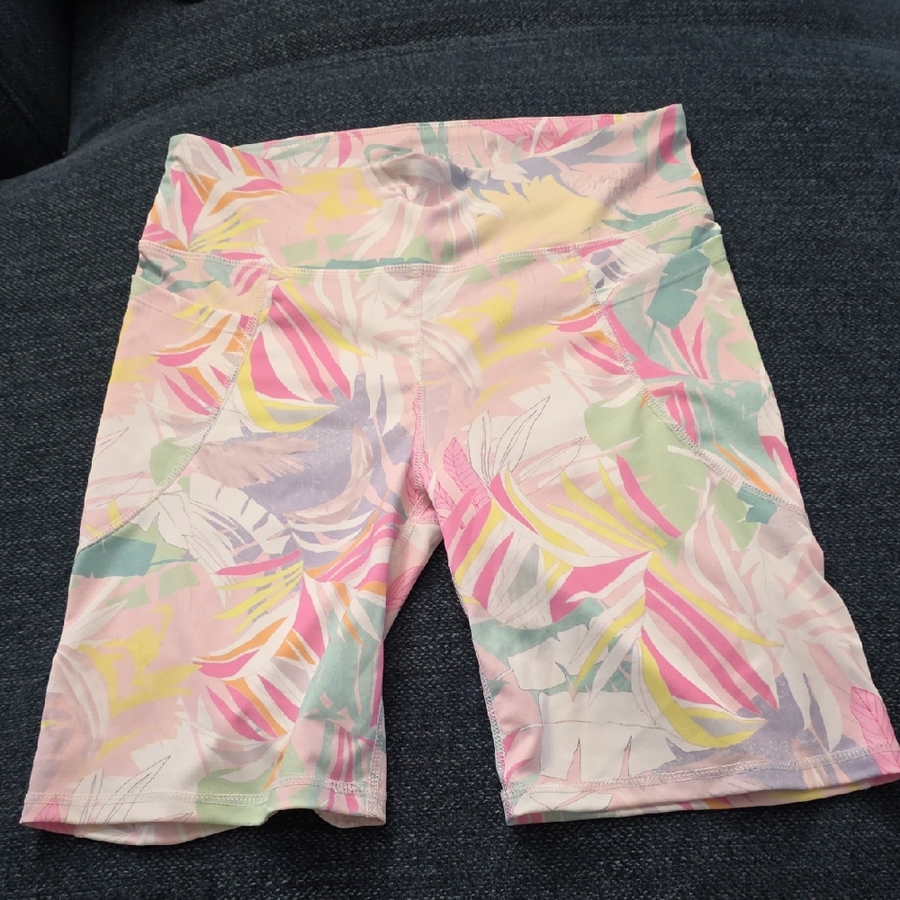 Bebe Sport Pink and Green Leaf Print Shorts